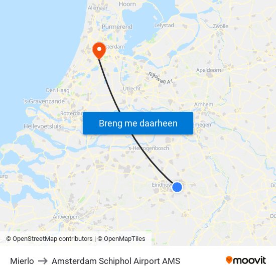 Mierlo to Amsterdam Schiphol Airport AMS map