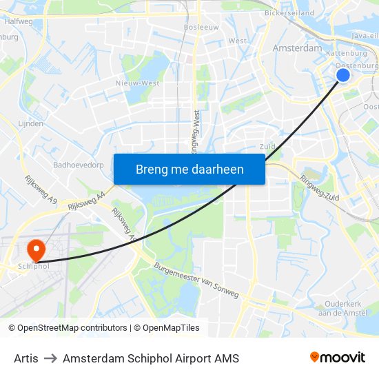 Artis to Amsterdam Schiphol Airport AMS map