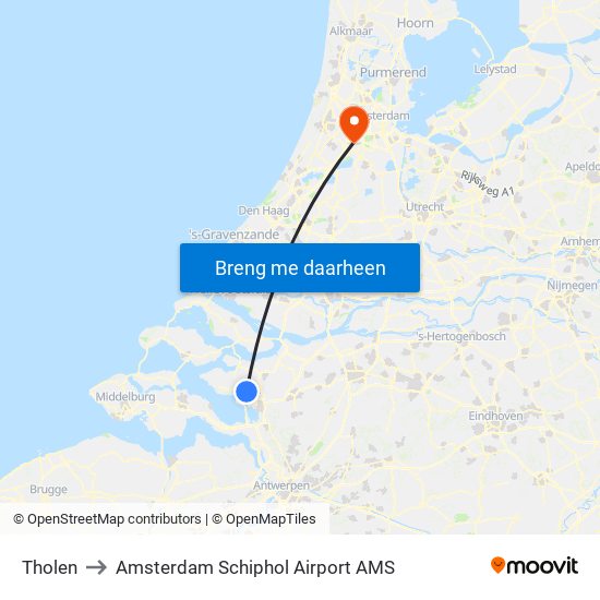 Tholen to Amsterdam Schiphol Airport AMS map