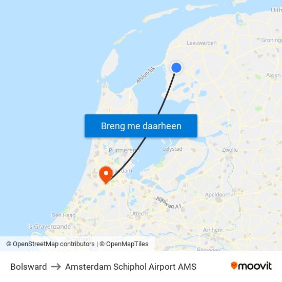 Bolsward to Amsterdam Schiphol Airport AMS map