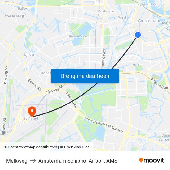 Melkweg to Amsterdam Schiphol Airport AMS map
