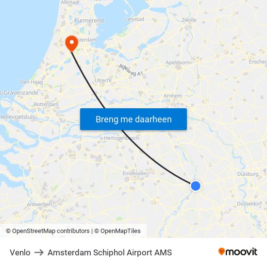 Venlo to Amsterdam Schiphol Airport AMS map