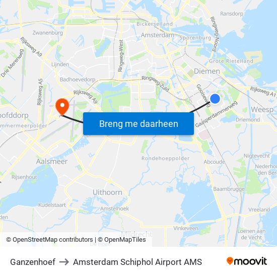 Ganzenhoef to Amsterdam Schiphol Airport AMS map