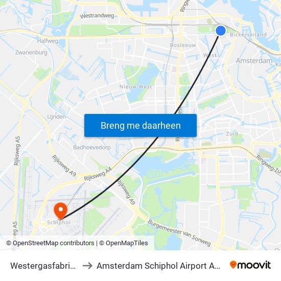 Westergasfabriek to Amsterdam Schiphol Airport AMS map