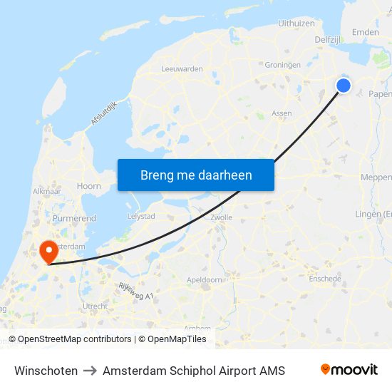 Winschoten to Amsterdam Schiphol Airport AMS map