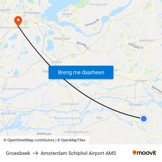 Groesbeek to Amsterdam Schiphol Airport AMS map