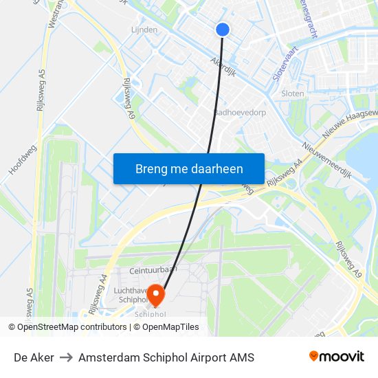 De Aker to Amsterdam Schiphol Airport AMS map