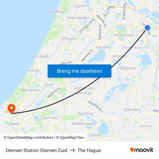 Diemen Station Diemen Zuid to The Hague map