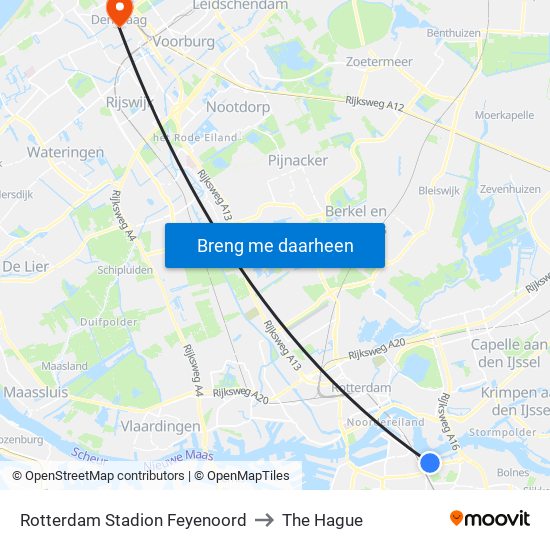 Rotterdam Stadion Feyenoord to The Hague map