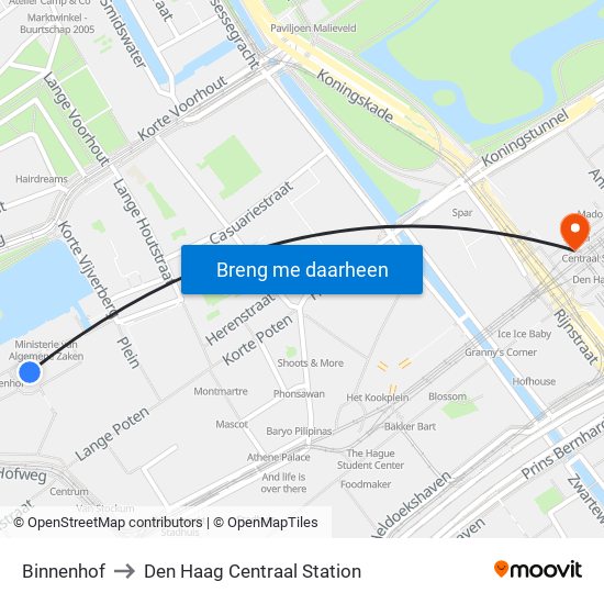 Binnenhof to Den Haag Centraal Station map