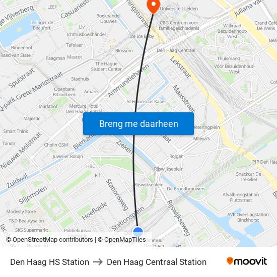 Den Haag HS Station to Den Haag Centraal Station map