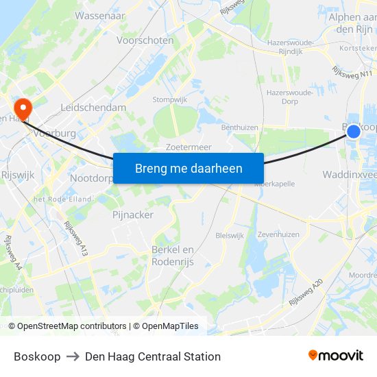 Boskoop to Den Haag Centraal Station map