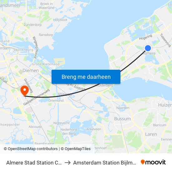 Almere Stad Station Centrum to Amsterdam Station Bijlmer ArenA map