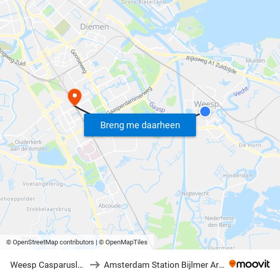 Weesp Casparuslaan to Amsterdam Station Bijlmer ArenA map