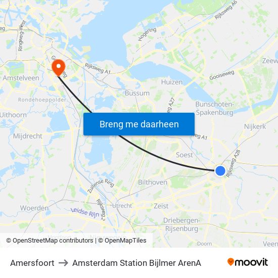 Amersfoort to Amsterdam Station Bijlmer ArenA map