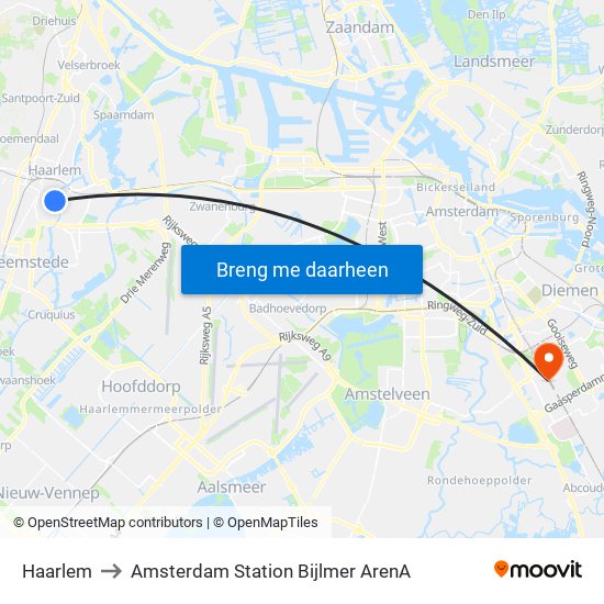 Haarlem to Amsterdam Station Bijlmer ArenA map