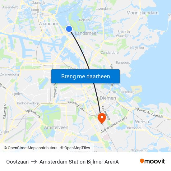 Oostzaan to Amsterdam Station Bijlmer ArenA map