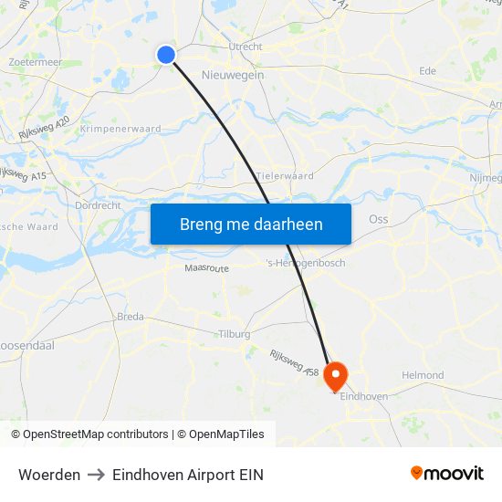 Woerden to Eindhoven Airport EIN map