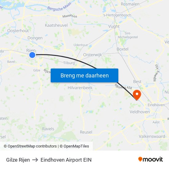 Gilze Rijen to Eindhoven Airport EIN map