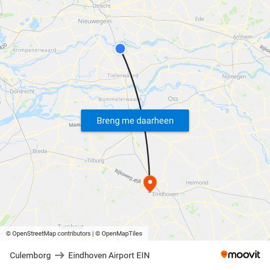 Culemborg to Eindhoven Airport EIN map