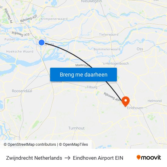 Zwijndrecht Netherlands to Eindhoven Airport EIN map
