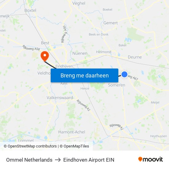 Ommel Netherlands to Eindhoven Airport EIN map