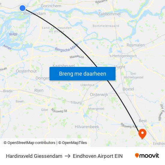 Hardinxveld Giessendam to Eindhoven Airport EIN map
