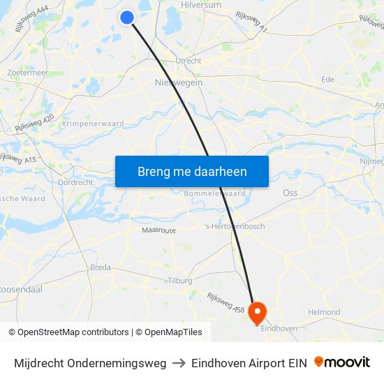 Mijdrecht Ondernemingsweg to Eindhoven Airport EIN map