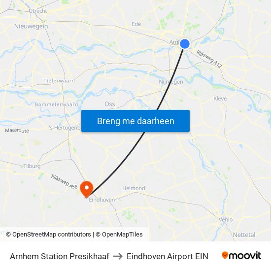 Arnhem Station Presikhaaf to Eindhoven Airport EIN map