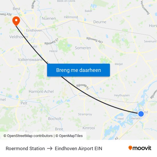 Roermond Station to Eindhoven Airport EIN map