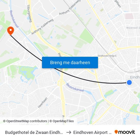 Budgethotel de Zwaan Eindhoven to Eindhoven Airport EIN map