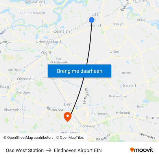 Oss West Station to Eindhoven Airport EIN map