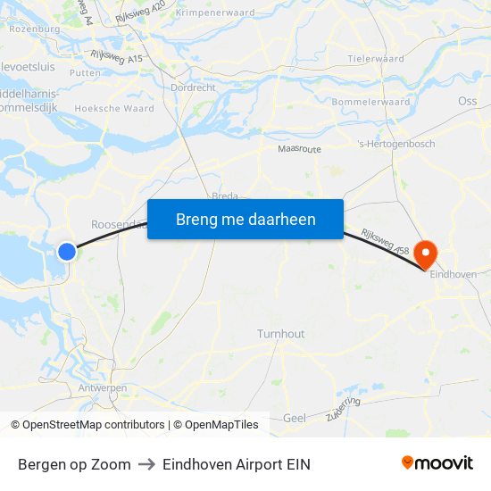 Bergen op Zoom to Eindhoven Airport EIN map