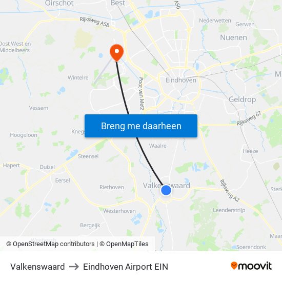 Valkenswaard to Eindhoven Airport EIN map