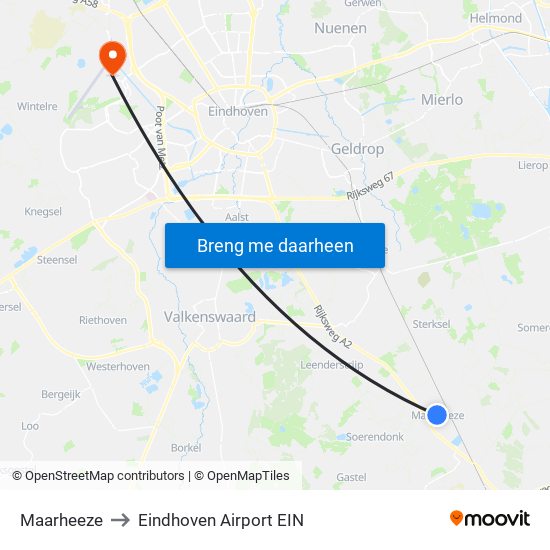 Maarheeze to Eindhoven Airport EIN map