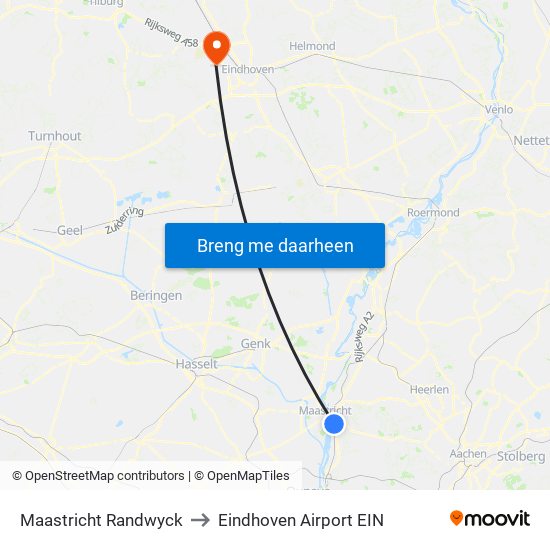 Maastricht Randwyck to Eindhoven Airport EIN map