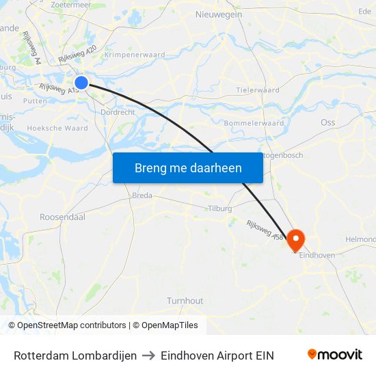 Rotterdam Lombardijen to Eindhoven Airport EIN map