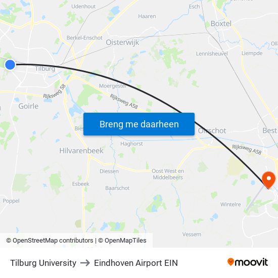 Tilburg University to Eindhoven Airport EIN map