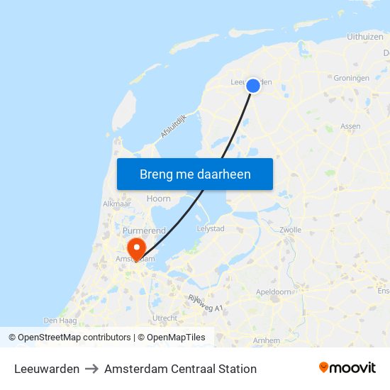 Leeuwarden to Amsterdam Centraal Station map