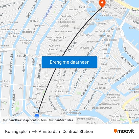 Koningsplein to Amsterdam Centraal Station map