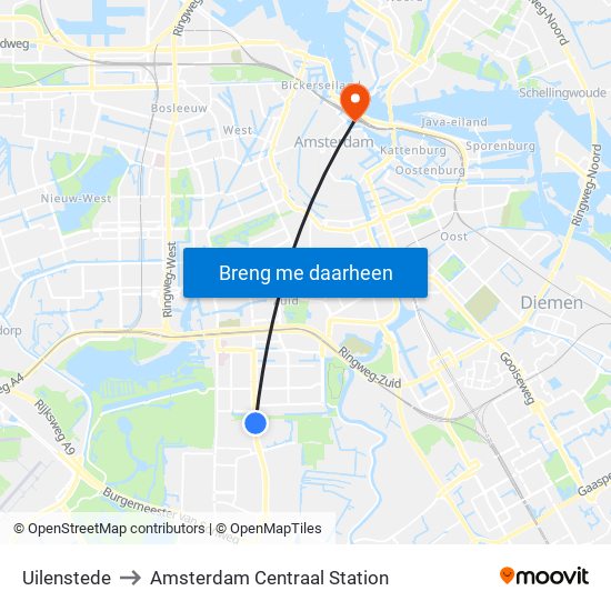 Uilenstede to Amsterdam Centraal Station map