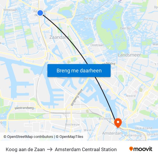 Koog aan de Zaan to Amsterdam Centraal Station map