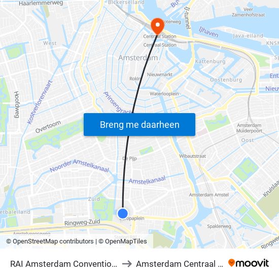 RAI Amsterdam Convention Centre to Amsterdam Centraal Station map
