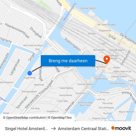 Singel Hotel Amsterdam to Amsterdam Centraal Station map