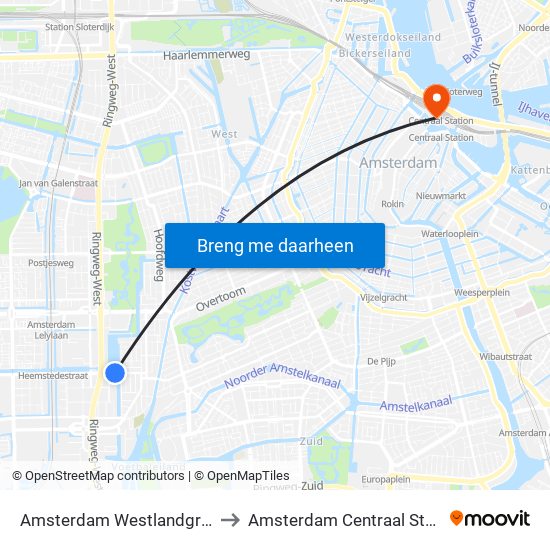 Amsterdam Westlandgracht to Amsterdam Centraal Station map