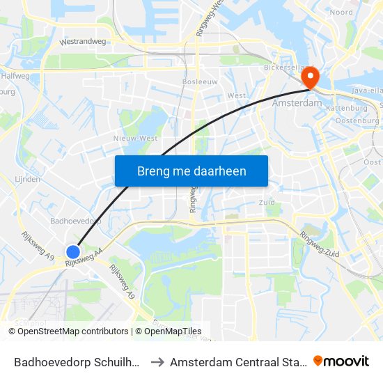 Badhoevedorp Schuilhoeve to Amsterdam Centraal Station map