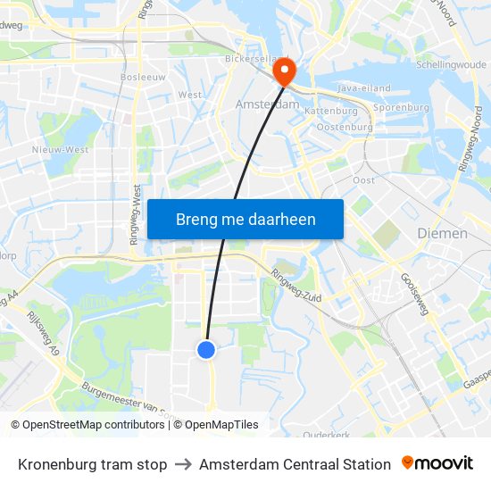 Kronenburg tram stop to Amsterdam Centraal Station map