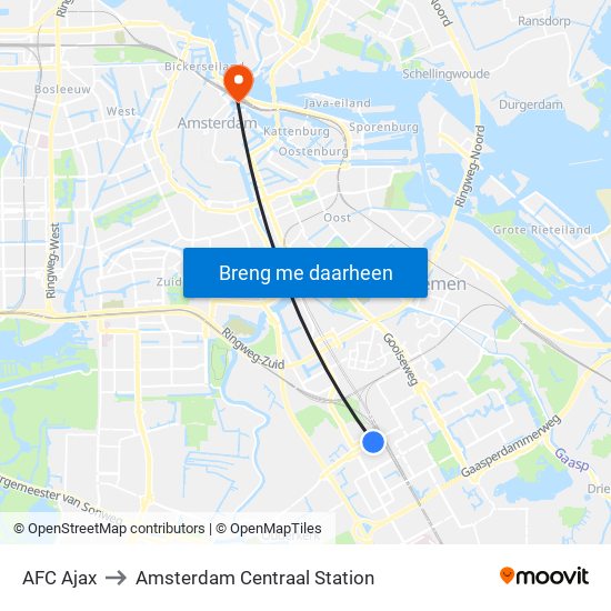 AFC Ajax to Amsterdam Centraal Station map