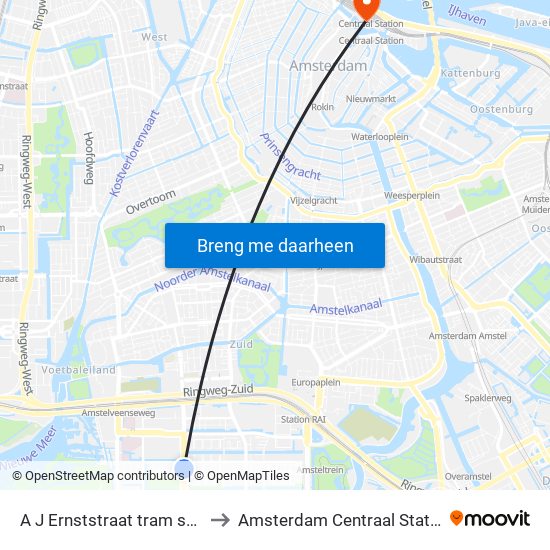 A J Ernststraat tram stop to Amsterdam Centraal Station map