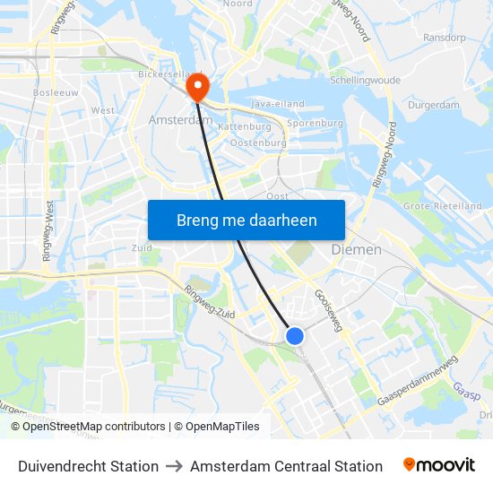 Duivendrecht Station to Amsterdam Centraal Station map